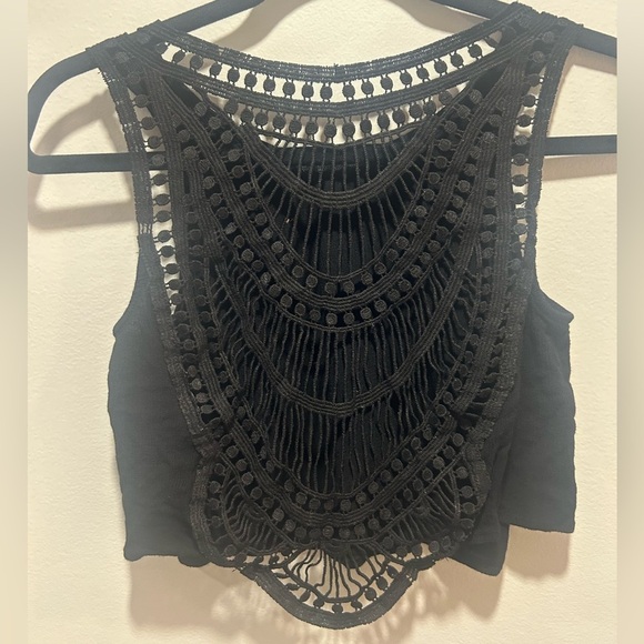 DIVIDED by H&M black crop top, size 12, knitted mesh mosaic see through back - Picture 1 of 8
